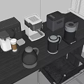 Modern Kitchen Appliances On Black Tabletop Including Coffee Maker And Electric Kettle 3d model