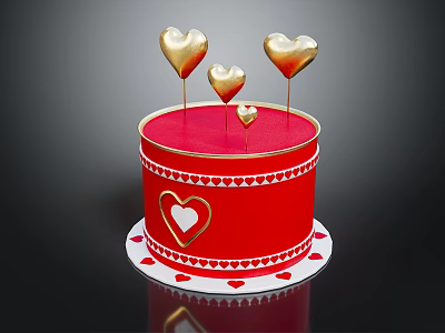 Red Cake With Gold Heart Decorations And White Heart Patterns On Base 3d model