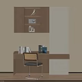 Modern Minimalist Wooden Desk With Chair And Upper Cabinet Featuring Books And Decor