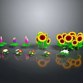 Various Colorful Plants Including Sunflowers Lupines And Daisies With Reflections On Gray Background