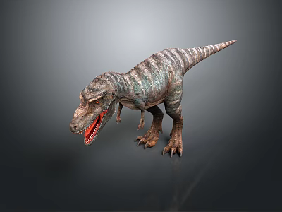 Realistic Standing Dinosaur Model With Open Mouth Sharp Teeth And Striped Skin 3d model