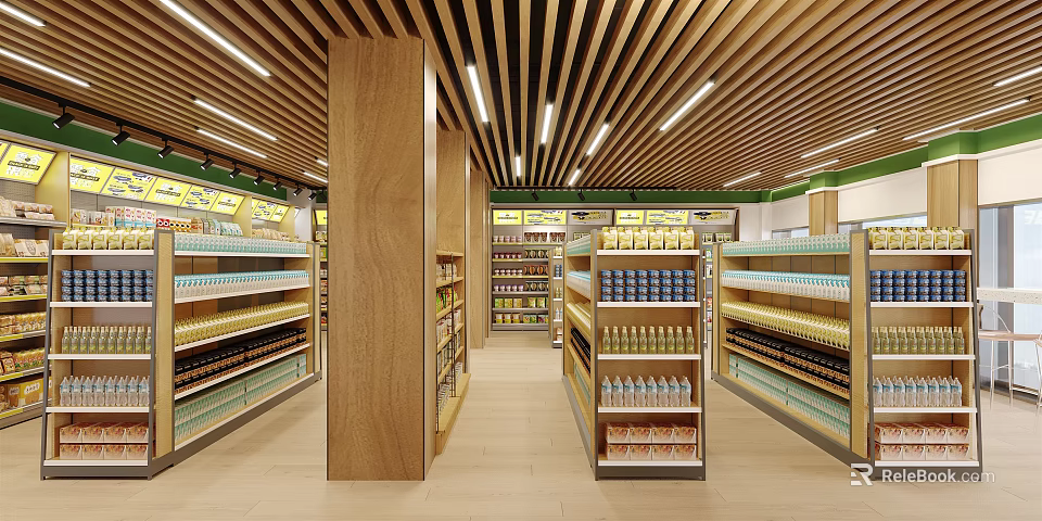 Spacious Modern Supermarket Interior With Wooden Ceiling Wide Aisles And Neat Product Shelves 3d model 