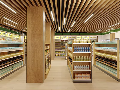 Spacious Modern Supermarket Interior With Wooden Ceiling Wide Aisles And Neat Product Shelves 3d model