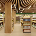 Spacious Modern Supermarket Interior With Wooden Ceiling Wide Aisles And Neat Product Shelves