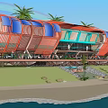 Modern Boutique Hotel Building Featuring Orange Blue Roof Palm Trees And Waterfront View