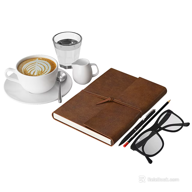 Creamy Latte Coffee With Latte Art Near Water Glass Notebook Pen And Glasses 3d model 