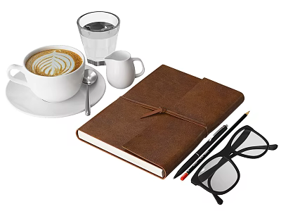 Creamy Latte Coffee With Latte Art Near Water Glass Notebook Pen And Glasses 3d model