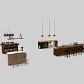 Modern Bar Counter Design With Hanging Lights Stools And Decorative Items 3d model
