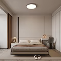 Modern Bedroom with Gray Bedspread Nightstands Wall Painting White Cabinet Circular Holes and Desk Chair