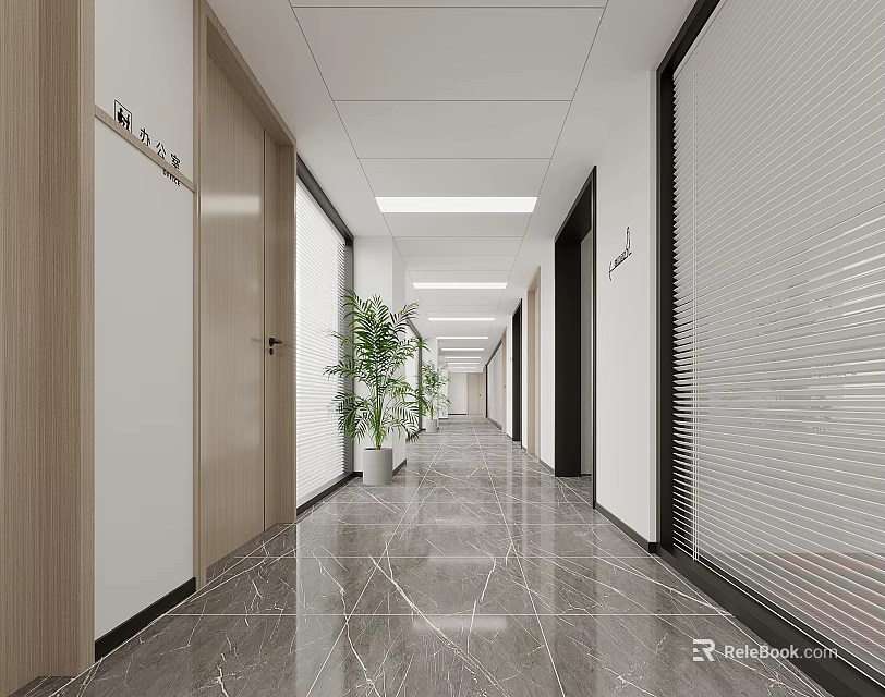Modern Office Corridor With Marble Flooring Wooden Doors Blinds And Ceiling Lights 3d model 