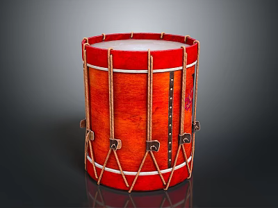 Traditional Red Round Drum With White Decorative Lines Brown Ropes And Metal Fasteners 3d model