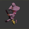 Pink Witch Character Flying On Broomstick With Stars And Geometric Shapes