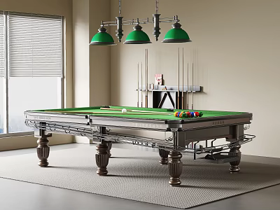 Stylish Billiard Room Interior With Green Felt Table Cue Rack And Hanging Lights 3d model