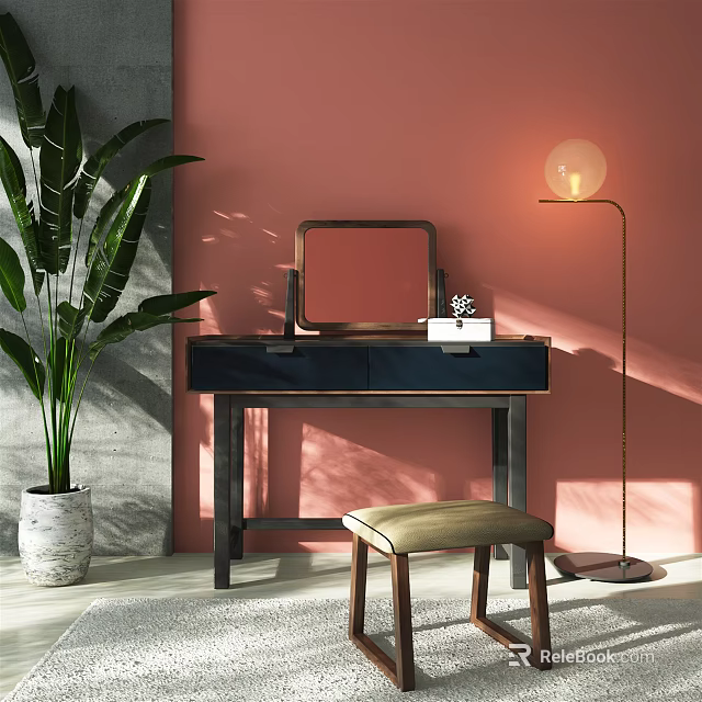 Stylish Dressing Table With Mirror Stool Green Plant And Floor Lamp By Pink Wall 3d model 
