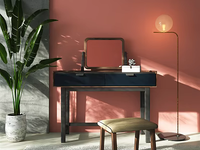Stylish Dressing Table With Mirror Stool Green Plant And Floor Lamp By Pink Wall 3d model