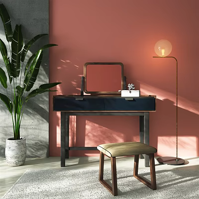 Stylish Dressing Table With Mirror Stool Green Plant And Floor Lamp By Pink Wall 3d model