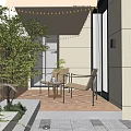 Modern Garden Landscape Patio With Wooden Floor Wicker Chairs Green Plants And Wall Lamps