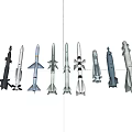 Various Rocket Weapons Models Displayed in Row on White Background 3d model