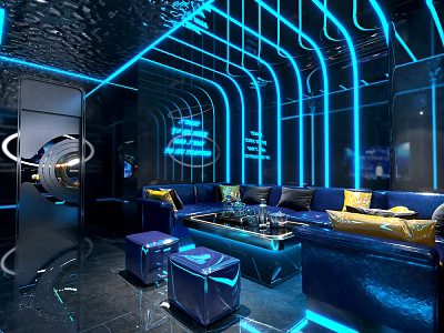 Modern Tech Style KTV Interior Featuring Blue Neon Lights Curved Lines Sofa And Coffee Table 3d model