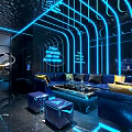 Modern Tech Style KTV Interior Featuring Blue Neon Lights Curved Lines Sofa And Coffee Table
