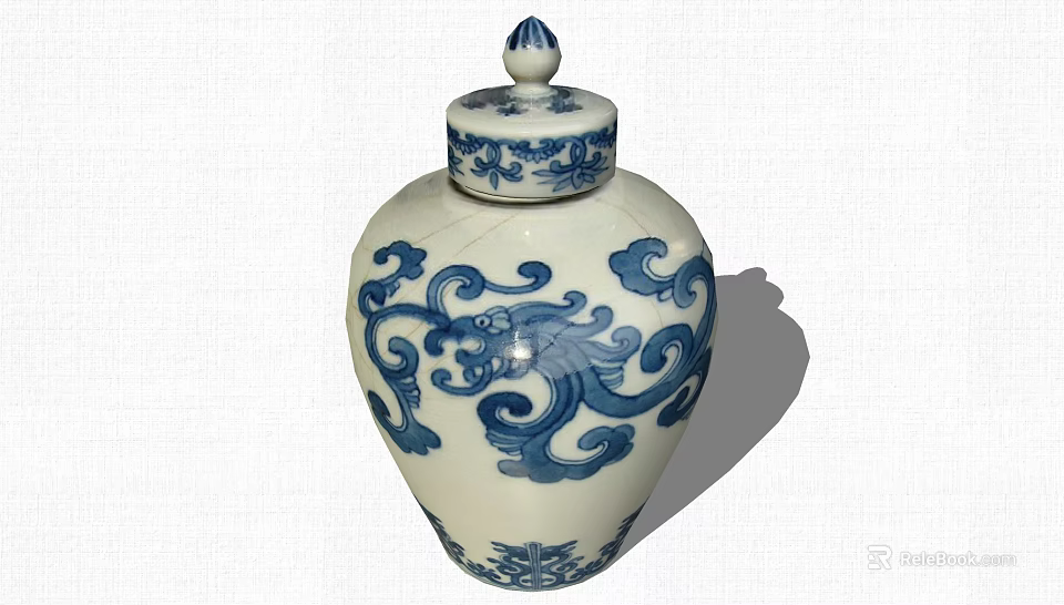 Blue and White Porcelain Decorative Ornament Set with Lidded Jar and Intricate Dragon Patterns 3d model 