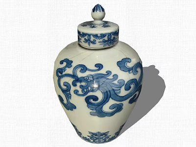 Blue and White Porcelain Decorative Ornament Set with Lidded Jar and Intricate Dragon Patterns 3d model