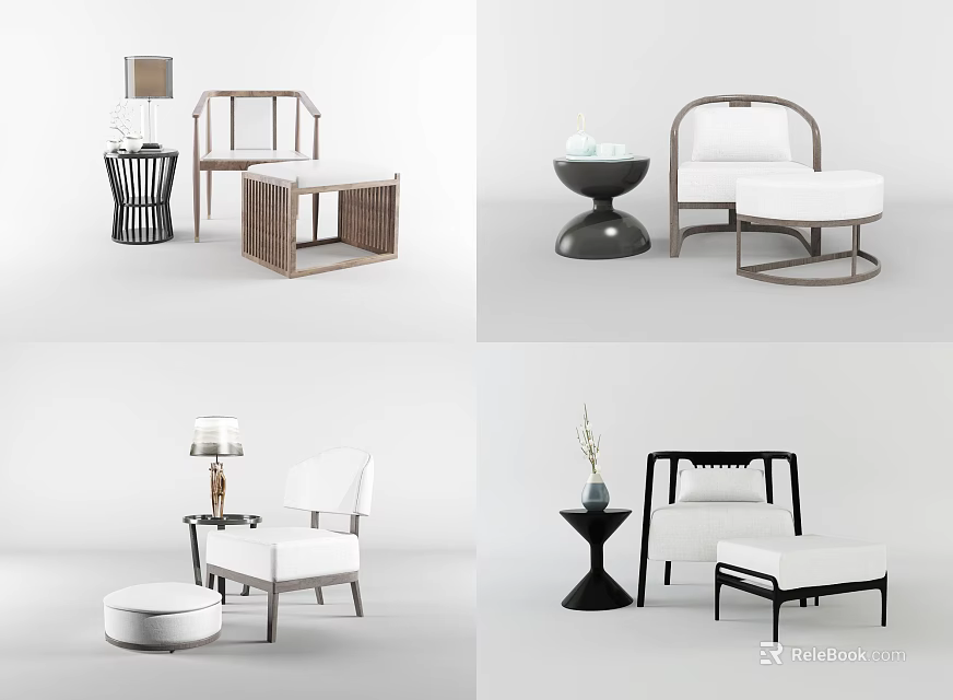 Minimalist Single Sofa With Wooden Frame Side Table Lamp And Ottoman 3d model