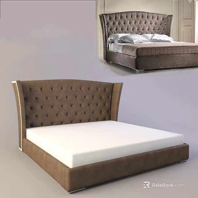 Brown Tufted Headboard Double Bed With White Mattress And Leather Frame 3d model