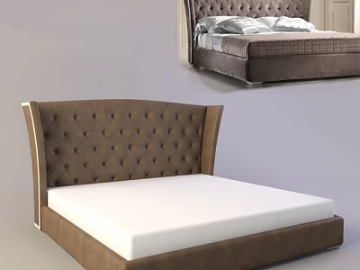 Brown Tufted Headboard Double Bed With White Mattress And Leather Frame 3d model
