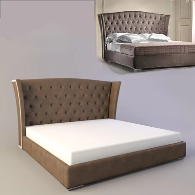 Brown Tufted Headboard Double Bed With White Mattress And Leather Frame 3d model