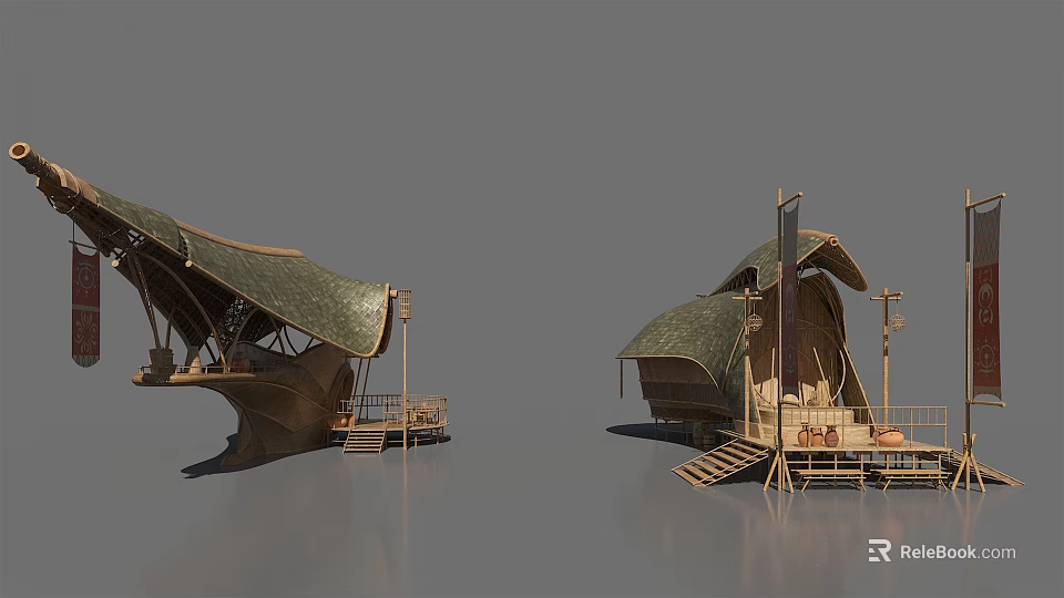 Modern Architectural Structure With Wooden Frame Green Roof Steps And Platform 3d model 