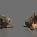 Modern Architectural Structure With Wooden Frame Green Roof Steps And Platform