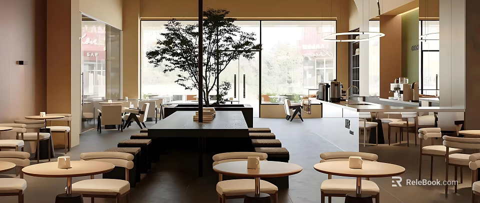 Modern Café Interior With Large Windows Indoor Tree Round Tables And Open Bar 3d model