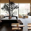 Modern Café Interior With Large Windows Indoor Tree Round Tables And Open Bar 3d model