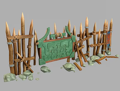Chinese guardrail, railing, stone bulletin board, rope, a pile of sundries 3d model
