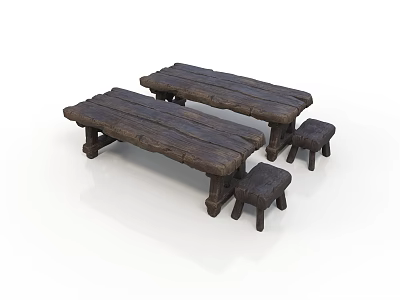 Rustic Wooden Tables With Small Matching Stools For Outdoor Seating Arrangement 3d model