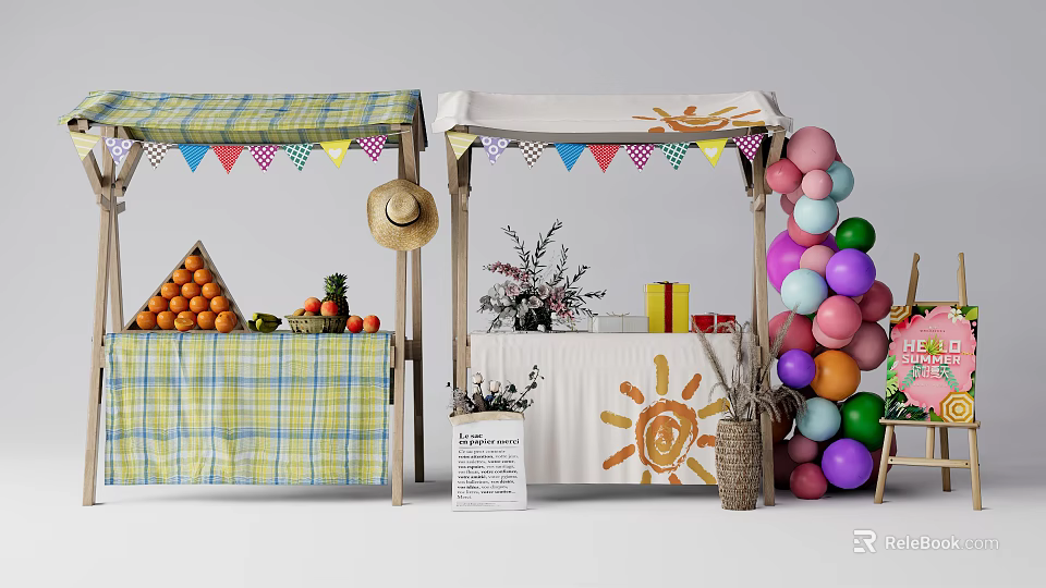 Colorful Market Stalls With Fruit Displays Decorative Items And Balloon Arrangements 3d model 
