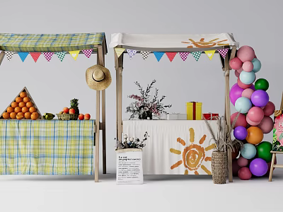 Colorful Market Stalls With Fruit Displays Decorative Items And Balloon Arrangements 3d model