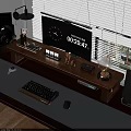 Wooden Functional Desk With Monitor Keyboard Mouse And Office Supplies Setup