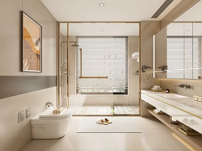 Modern Bathroom Interior With Glass Shower Enclosure Toilet Vanity And Decorative Painting 3d model
