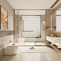 Modern Bathroom Interior With Glass Shower Enclosure Toilet Vanity And Decorative Painting