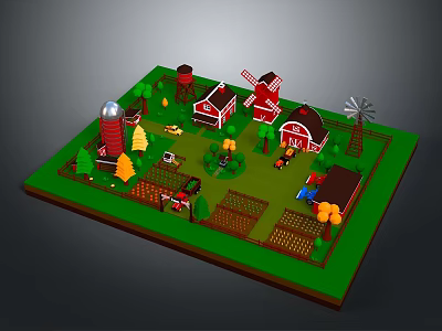 Colorful Farm Model Design With Red Barn Windmill Tractor Trees And Crops 3d model