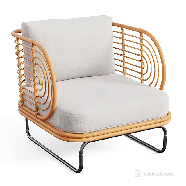 Modern Single Sofa With Rattan Armrests Light Gray Cushion And Metal Legs 3d model 
