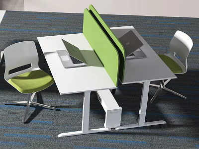 Modern Office Desk Setup With Green Divider Two White Chairs Laptop And Storage Drawer 3d model