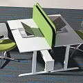 Modern Office Desk Setup With Green Divider Two White Chairs Laptop And Storage Drawer