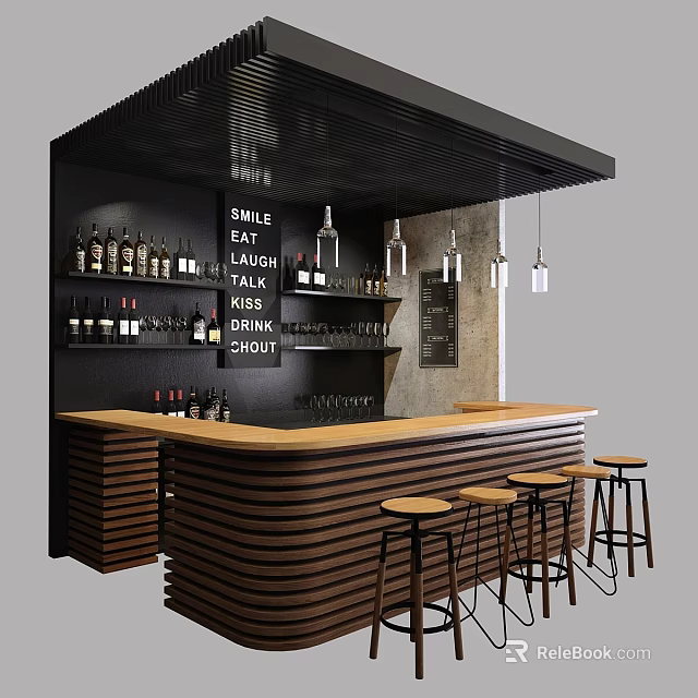 Commercial Bar Equipment With Wooden Counter Stools Wine Racks And Hanging Lights 3d model 