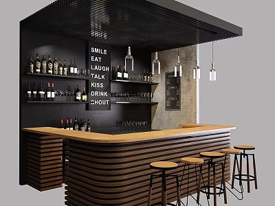 Commercial Bar Equipment With Wooden Counter Stools Wine Racks And Hanging Lights 3d model