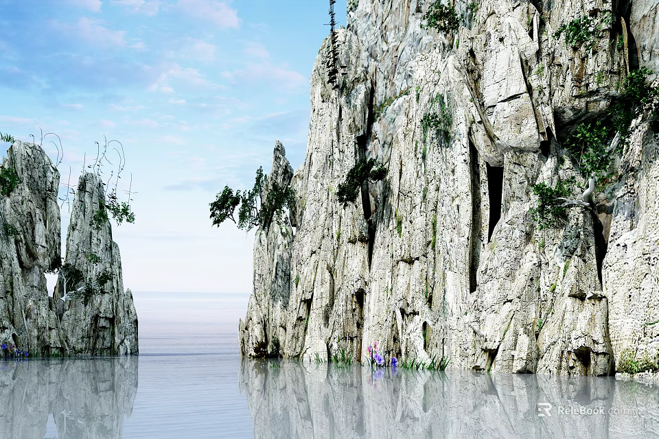 Garden Landscape With Rocky Cliffs Lush Green Vegetation Calm Water Reflections And Blue Sky 3d model 