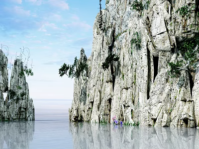Garden Landscape With Rocky Cliffs Lush Green Vegetation Calm Water Reflections And Blue Sky 3d model