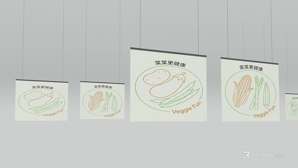 Supermarket Grocery Vegetable Hanging Tags With Eggplant Corn Asparagus And Beans 3d model 